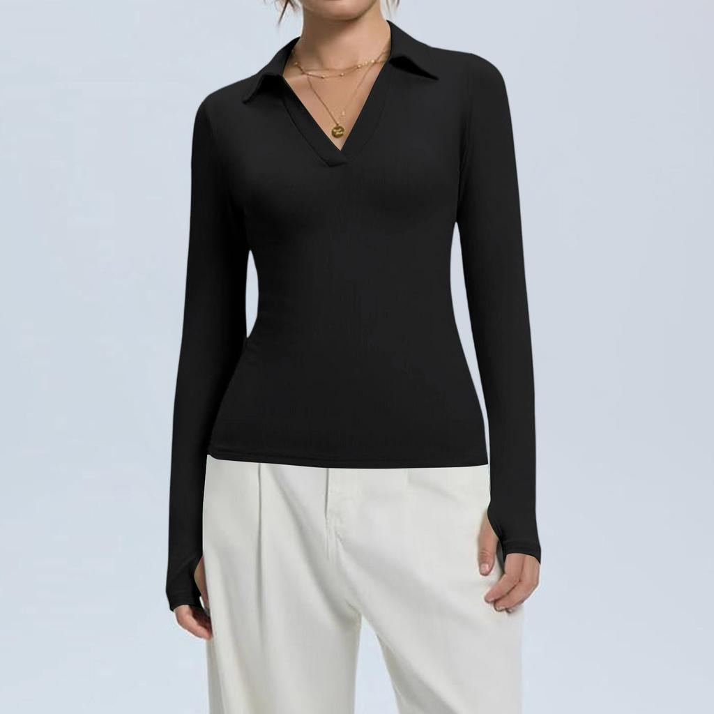 Женская мода Повседневный однотонный топ с V-образным вырезом и длинным рукавом на пуговицах