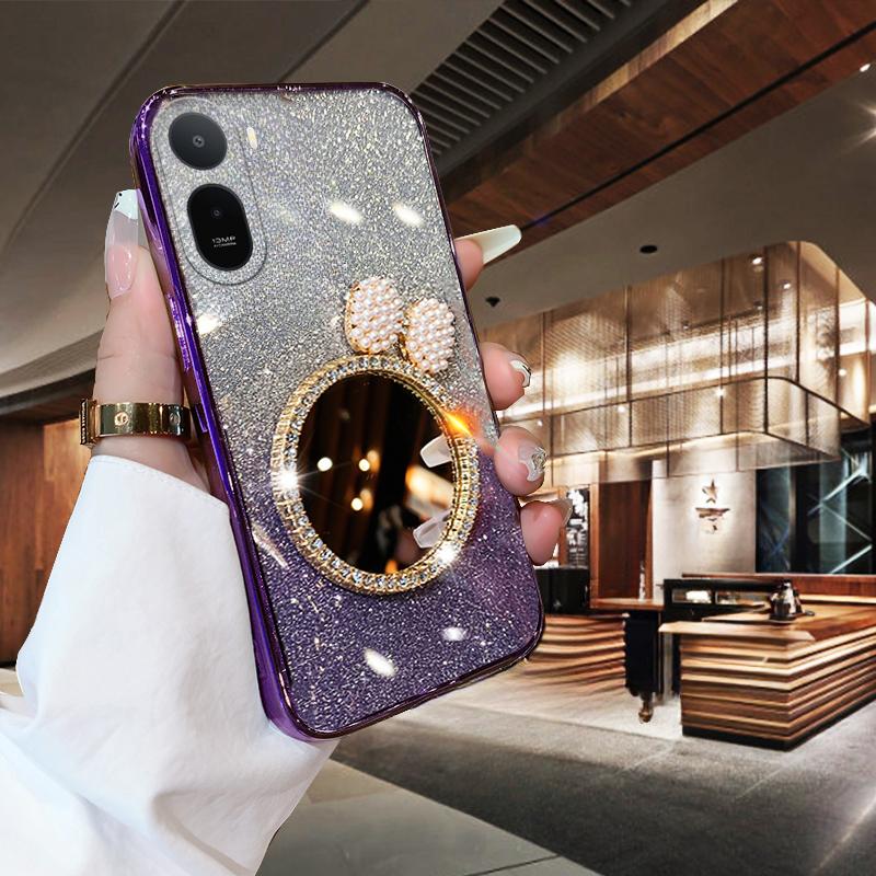 For Redmi A7 Pro Case with Bow Makeup Mirror Luxury Shiny Gradient Clear Plating Glitter Girls Slim for Redmi A7 Pro Back Cover