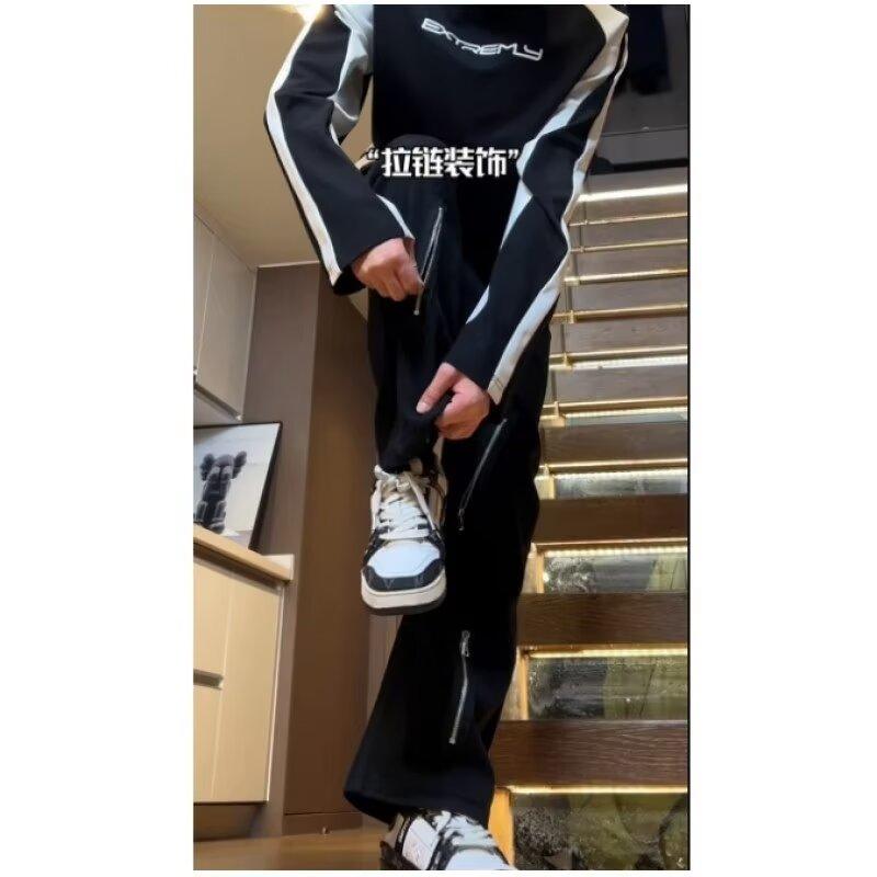 Американские вымытые джинсы из денима, мужские осенние новые свободные прямые брюки-швабры, повседневные широкие джинсовые брюки