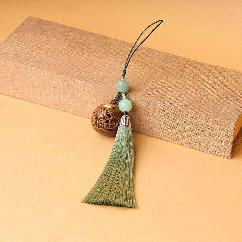 Green Sandalwood Carved Pendant with Tassel - Bag Charm, Scented Sachet, or Phone Accessory Ornament