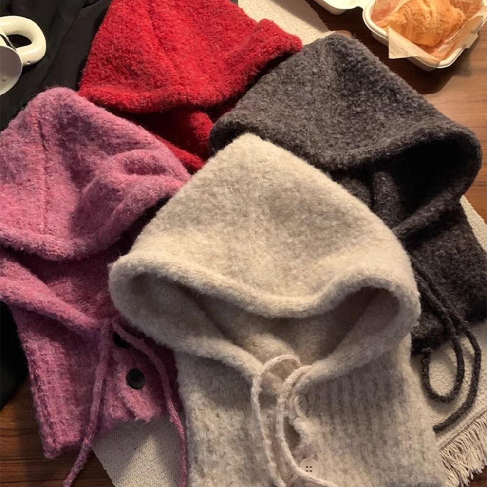 Solid Color Knitted Pullover Hat Plush Windproof Cap Korean Women Winter Balaclava  Outdoor