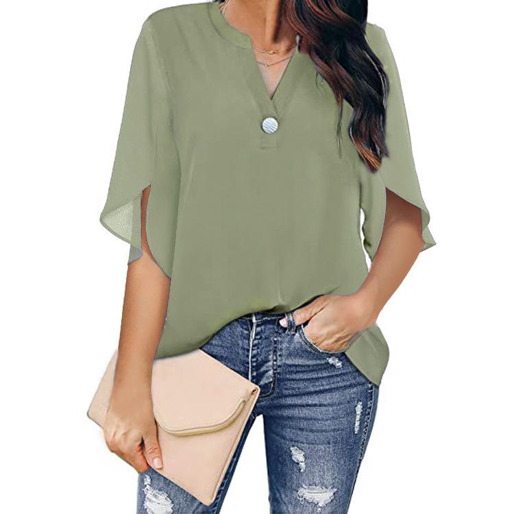 Summer Women's T-shirt Short Sleeve Elegant Casual Solid Color V-neck Chiffon Shirt Women's Tops