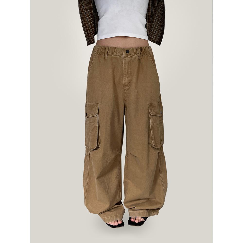 Spring street style tooling jeans women's elastic waist pocket wide leg pants