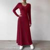 Fashion Slim A-line Maxi Dress for Women Autumn Winter Solid V-neck Bodycon Dress Long Sleeve Elastic Knitted Wedding Dresses