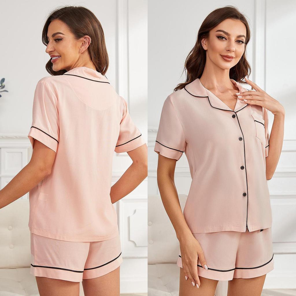 Women’s Sleeping Suits Rayon Short Sleeves Pajamas Button Up Piped Shirt and Shorts 2 Pieces Set Summer Home Night Sleep Casual Lounge Wear