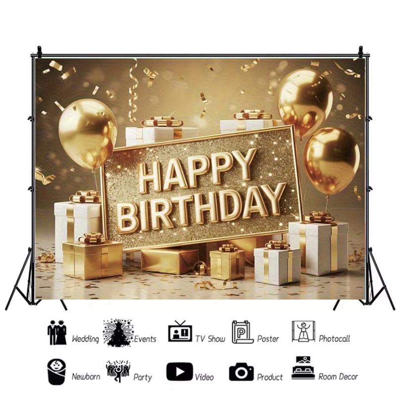 Luxury gold themed birthday party decorations, balloon, gift backdrop banner, photo studio props3913