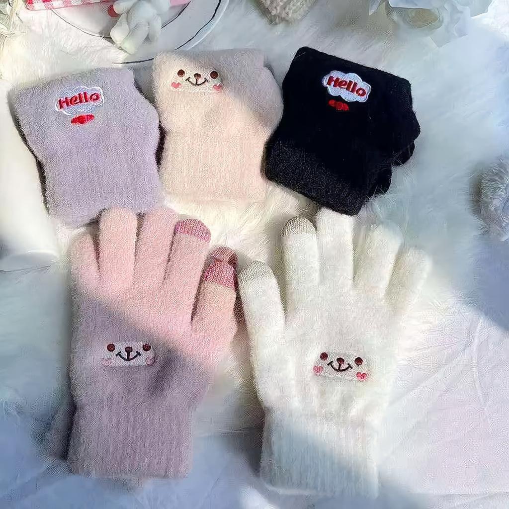 Cute gloves through smiley gloves winter cold-proof velvet thickened student gloves Korean version smiley gloves fixed