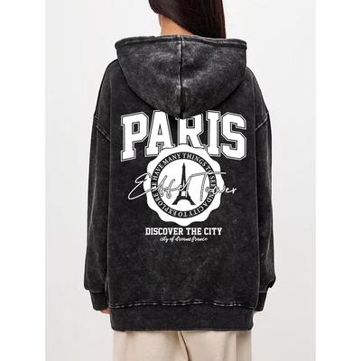 Хлопковые женские худи с кислотной стиркой Париж Открой город Принт Уличная одежда Оверсайз Карман Теплые пуловеры Одежда