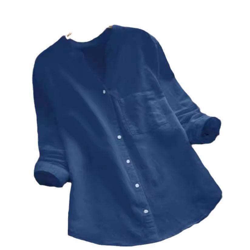 2022 Женский Хлопково-Льняной Повседневный Свободный Топ с Длинным Рукавом - Большой Размер Однотонный