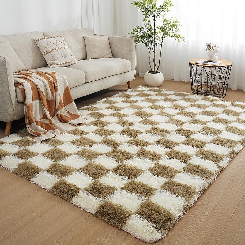 Checkered Plush Rug Soft Fluffy Carpet for Living Room Bedroom Home Decor Shaggy Floor Mat Bedside Rug