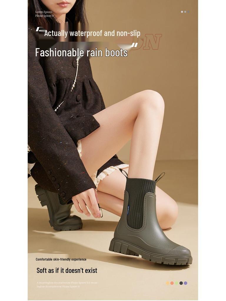 Women's Elastic Mid-Calf Waterproof Fashion Rain Boots - Wear-Resistant, Non-Slip, Height-Increasing, Solid Color.
