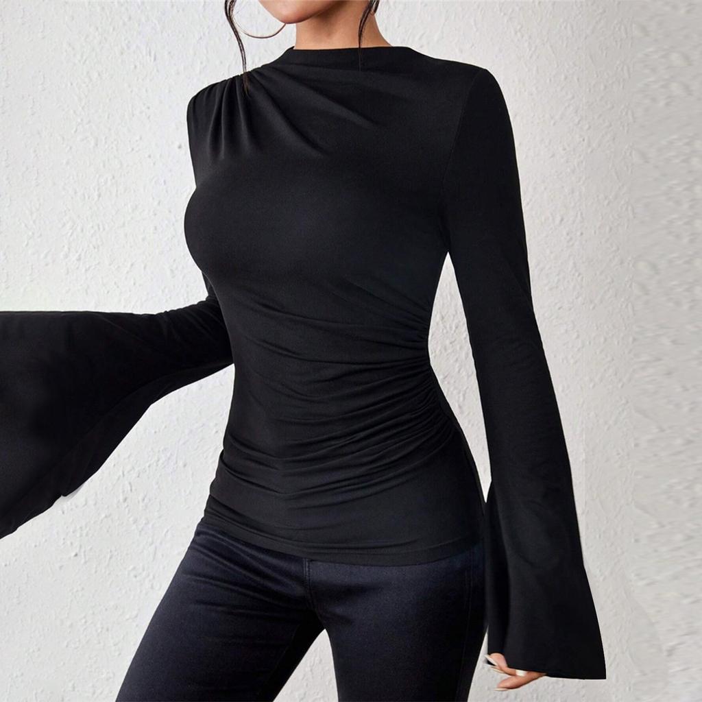 Women's Fashion Trumpet Sleeve Stand Collar Slim Fit Long Sleeve Top