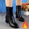 Soft Leather Boots, Short Boots, Women's Autumn and Winter Fashion Mid-heel Mid-tube Cotton Shoes with Velvet Soft Sole