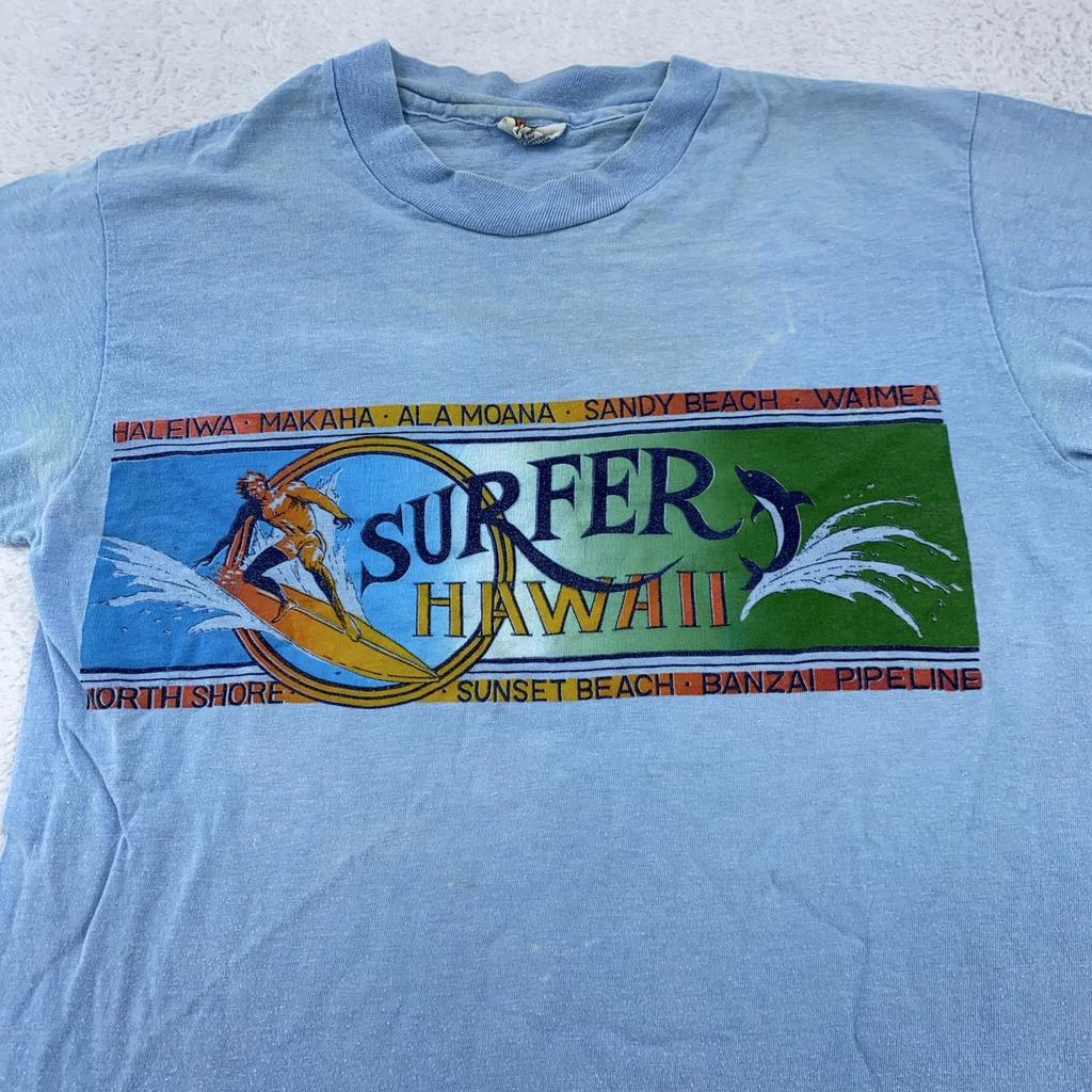 Vintage 80s Hawaii Surfer Shirt Mens Small Dolphin Rainbow Hanes Beefy T Tee USA