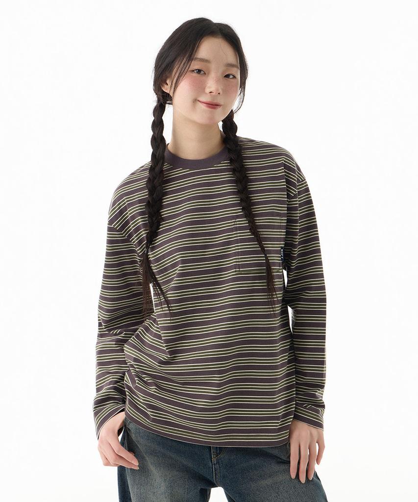 NOT ONLY FOR TODAY Multi-Stripe Pocket Long Sleeve T-Shirt [Dark Gray]