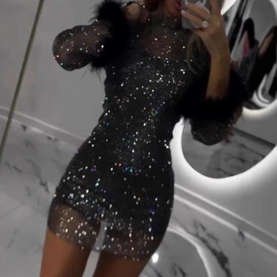 Женское вечернее платье с пайетками, пушистым декором из искусственного меха, облегающее мини-платье с длинными рукавами, сетчатое платье для выпускного вечера