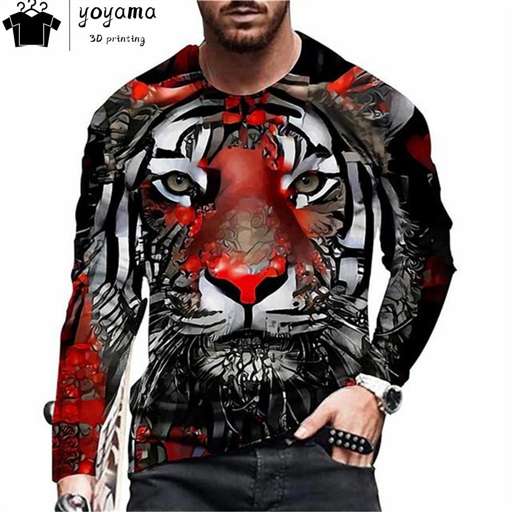 Футболки с принтом тигра Мужская одежда Модная мужская футболка с круглым вырезом и длинным рукавом Повседневная свободная мужская одежда с принтом тигра Топы