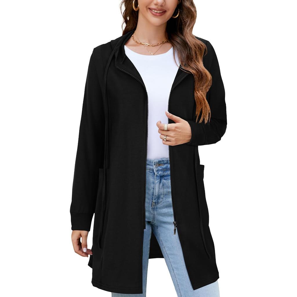 Women's Fashion Casual Hooded Loose Long Sleeve Zipper Solid Color Jacket