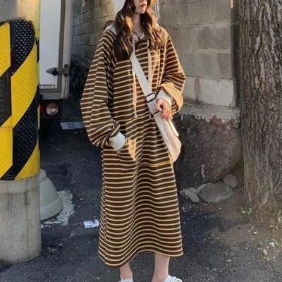 Женская мода Осень Зима Полосатый принт Длинный рукав Капюшон Свободная линия талии Повседневные платья