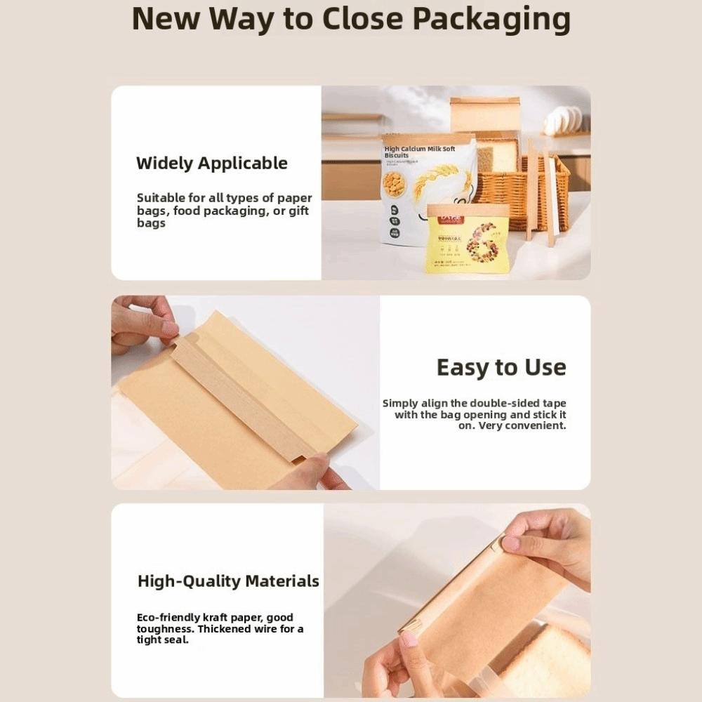 50Pcs Self-Adhesive Kraft Paper Bag Mouth Clip Packaging Bag Seal Kraft Paper Sealing Strip