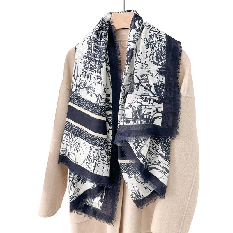 New Retro Printing 130CM Large Square Scarf Women's Sunscreen Beard Removal Scarf Air Conditioner Shawl Dual-purpose