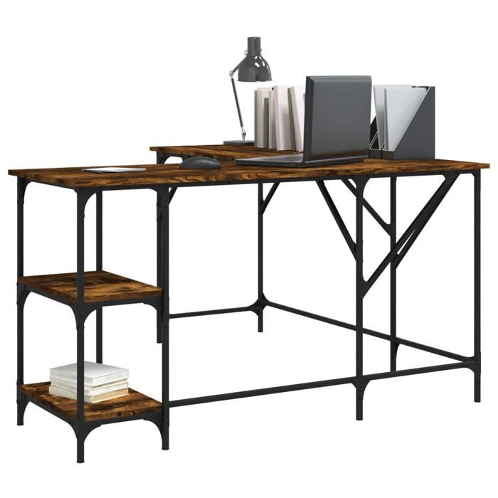VidaXL Bureau, Table d'Ordinateur avec Étagères, Bureau d'Ordinateur avec Pieds, Table d'Écriture Chambre, Industriel, Chêne 837589