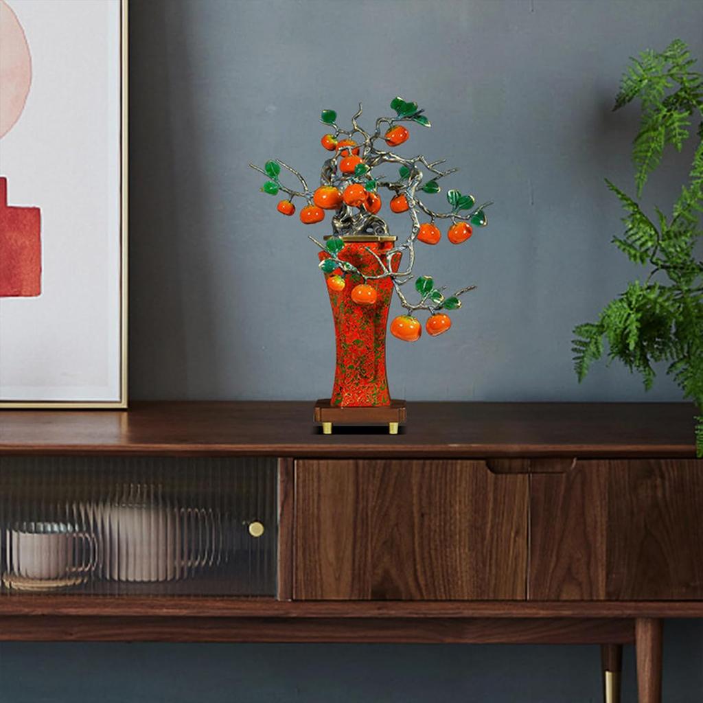Exquisite Copper "Persimmon with Natural Lacquer Finish" Statue (GREEN) | New Chinese Style Feng Shui Decor for Wealth & Harmony, Perfect Home or
