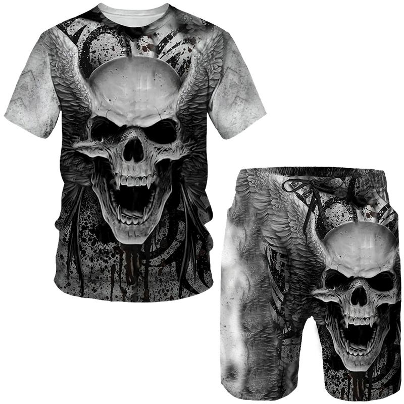 Новинка, футболка/костюм с 3D принтом готического черепа, летние мужские крутые футболки в стиле панк + шорты, индивидуальный спортивный костюм в стиле хип-хоп, уличная одежда