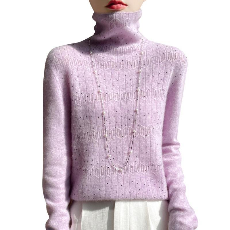 Осень и Зима Первая линия Готовая одежда Вязаные свитера с высоким воротником Шерстяная базовая рубашка для женщин Жаккардовый трикотаж с высоким воротником