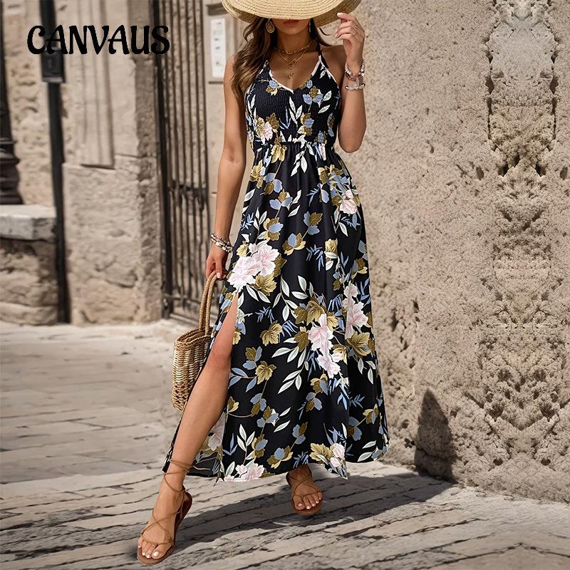 Летнее женское платье с лямкой на шее, длинная юбка трапециевидной формы с принтом, платье с лямкой на шее с разрезом
