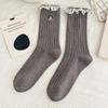 2025 Autumn Women's Mid-Calf Cotton Socks - Korean Cartoon Dog Embroidery with Lace Ruffle