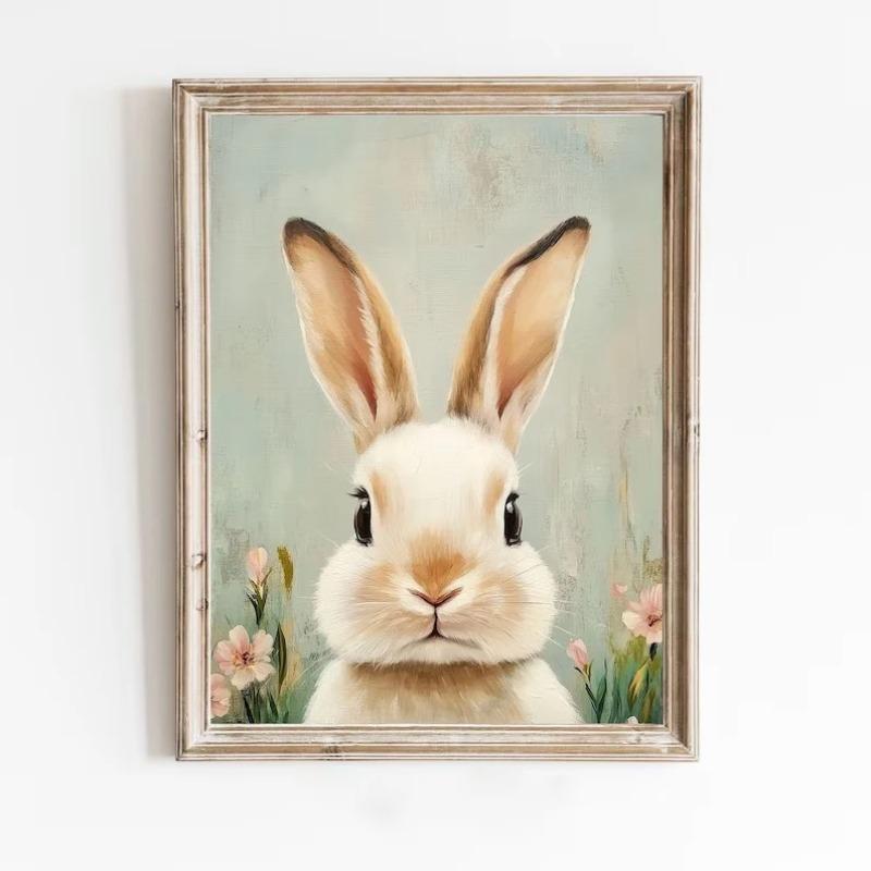 Neutral Spring Prints Poster, Gallery Set of 6 Spring Wall Art, Easter Bunny Painting, Farmhouse Easter Decor Canvas Artwork