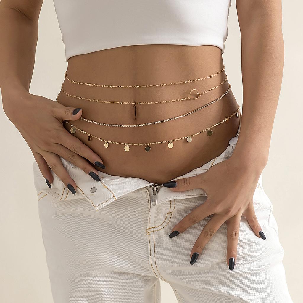 Sexy Metal Chain Body Jewelry Heart Sequin Rhinestone Multi Layer Waist Chain Stackable Accessories For Women Party