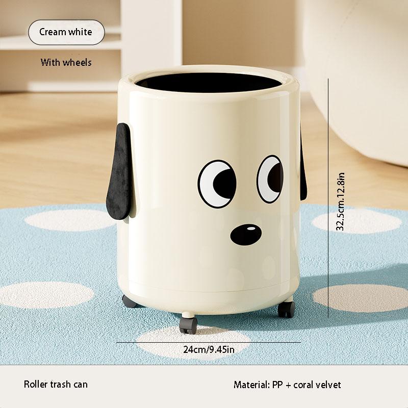 A trash can with wheels. Features a cute cartoon dog design. Practical and serves as a home decor item.