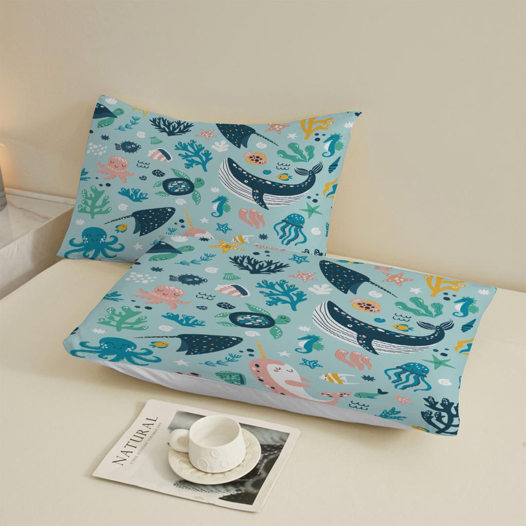 3pcs Playful Fitted Sheet Set Cute Animals Cartoon Style Ocean Creatures And Sea Plants Printed Bed Sheet With 2 Pillowcases