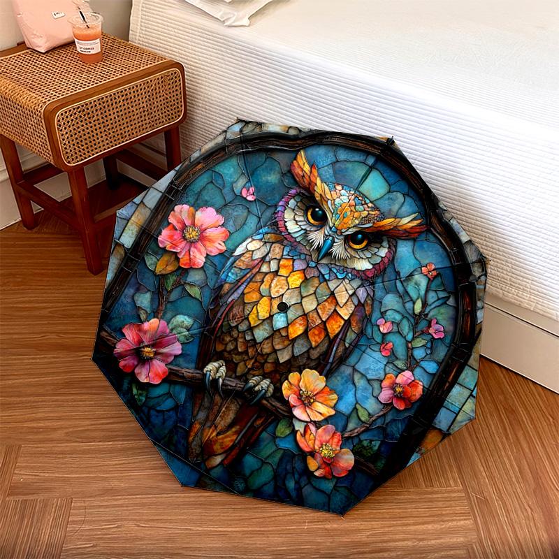1 шт. Автоматический складной зонт - Узор «Совы и цветы», Портативная и складная конструкция с 8 спицами, Рождественские и новогодние подарки