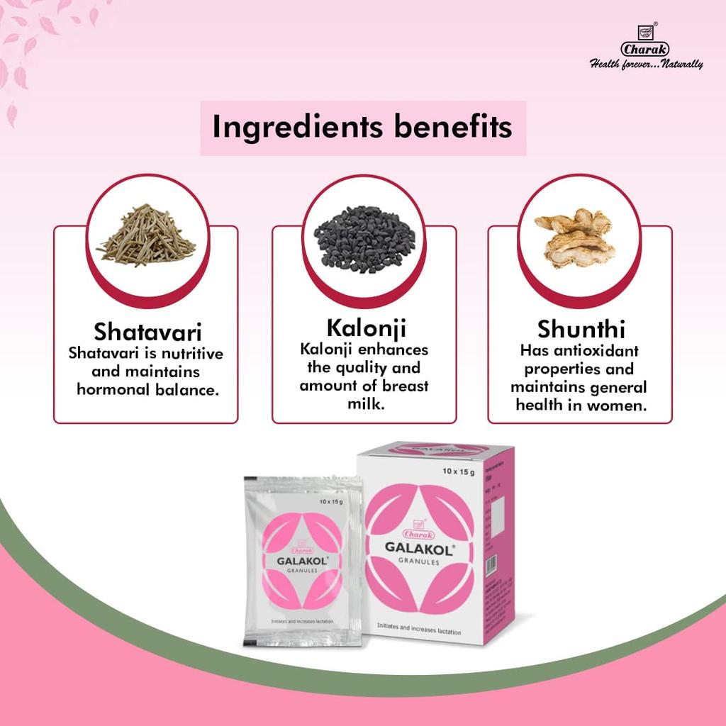 Charak Pharma Galakol Granules For Lactation Support Breast Milk Nutrition Supplement 10 Sachets x 15 g Nursing Mothers