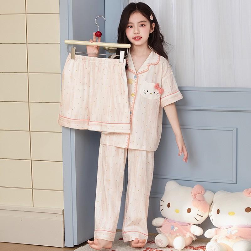 Cotton Cartoon Pajama Set Girls Short Sleeve Sleepwear 3-Piece Outfit Ages 8