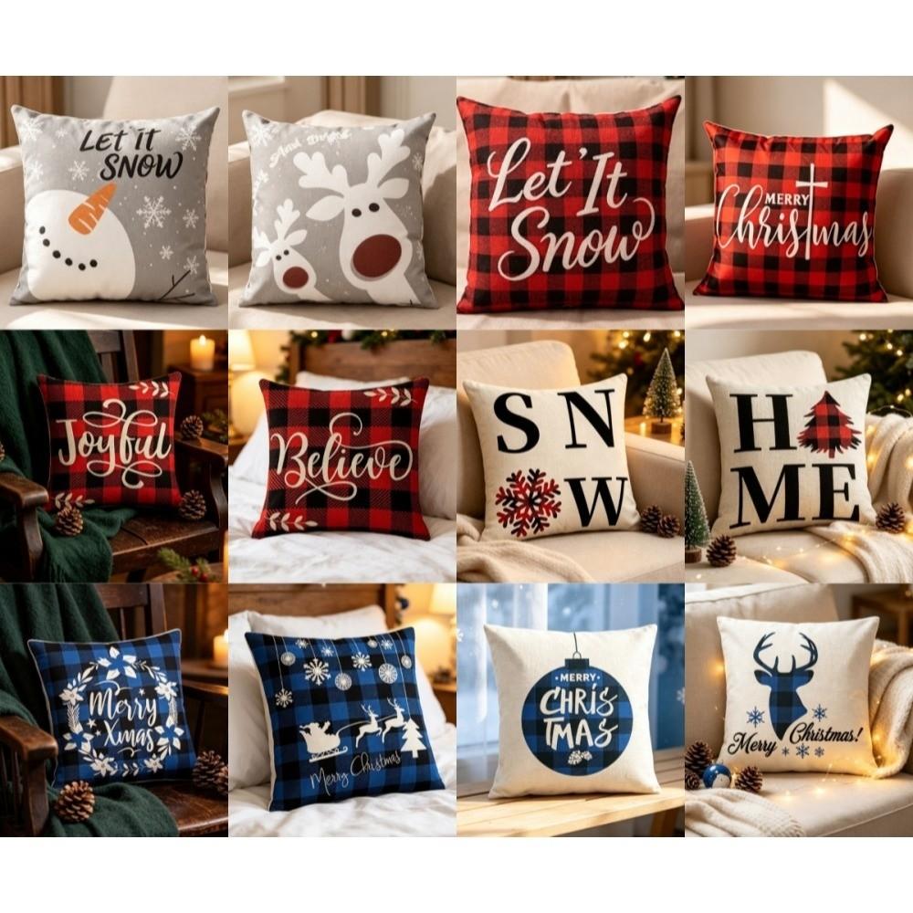 45cm 17in Christmas Pillow Covers Soft Xmas Pillowcase Snowflake Plaid Cushion Cover Sofa