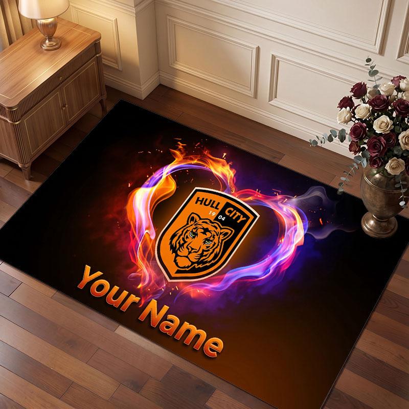 Hull City Custom Crystal Velvet Rug, Personalized Name Text Print, Football Logo Soft Non‑Slip Floor Mat Home Decor Gift
