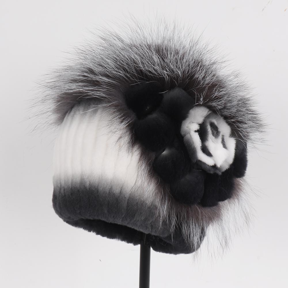 Luxury Warm Real Fox Fur Bomber Hat Female Winter Hand Knitted Real Rex Rabbit Fur Hats Women Outdoor Rex Rabbit Fur Flower Cap