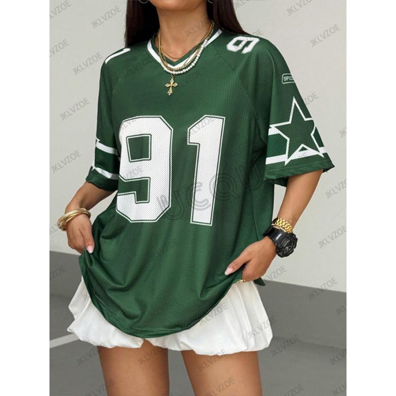 Летняя Новая Футболка Одежда Для Женщин Короткий Рукав Пэчворк Принт Speed 91 V-образный Вырез Футболки Спорт Футбольная Майка Y2k Оверсайз Топы