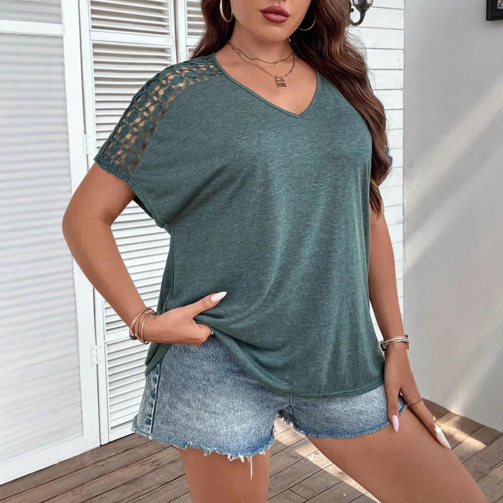 Женские футболки Кружевная ажурная футболка с коротким рукавом и V-образным вырезом, Повседневный топ