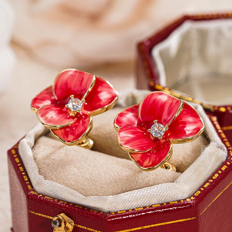 Huitan Gorgeous Red Enamel Flower Stud Earrings for Women Gold Color with CZ Sweet Wedding Engagement Charming Party JewelryGood product