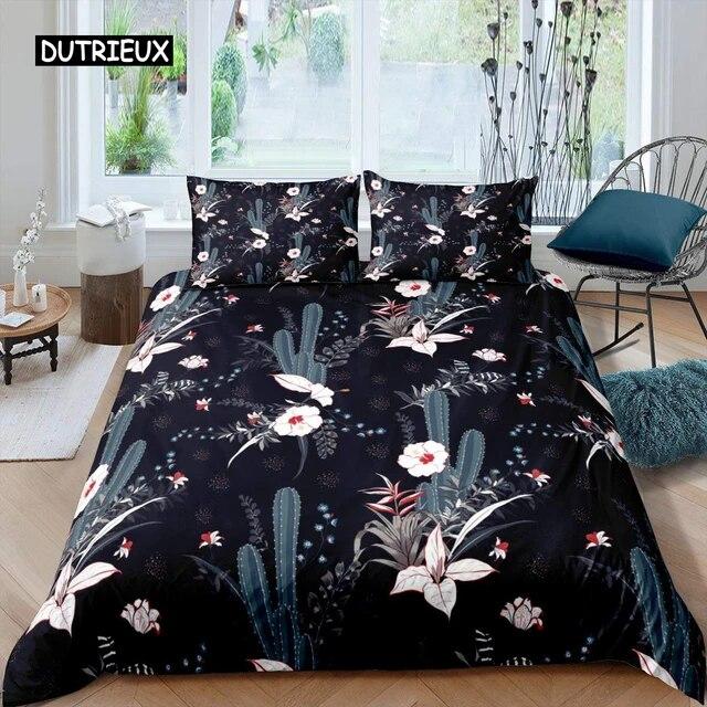 Комплект пододеяльников с кактусом King Size, комплект постельного белья в стиле ручной росписи, природа, художественные принты, пододеяльник, зеленое растение, кактус, пододеяльник, комплект из трех предметов
