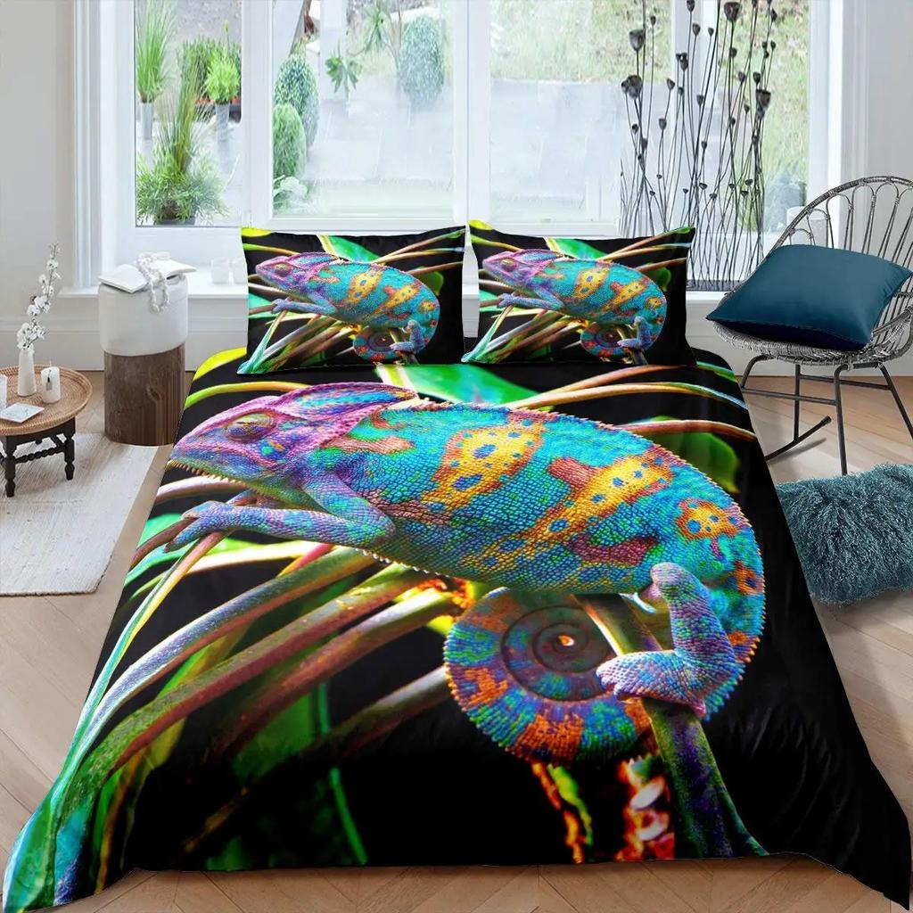 Chameleon Duvet Cover Set 3D Wild Animal Theme Twin Bedding Set Wildlife Comforter Cover Boys Green Leaf Polyester Quilt Cover