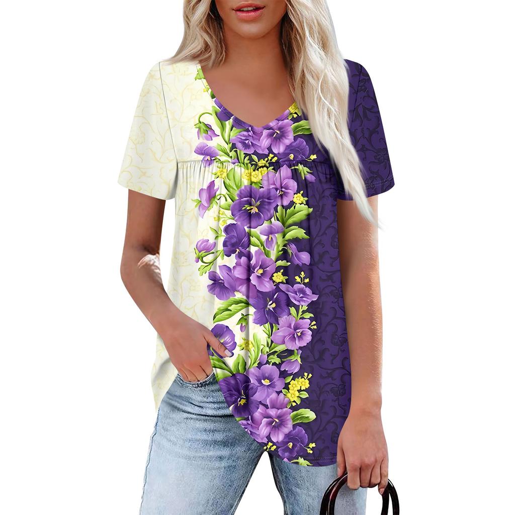 Women's Casual V-Neck Short Sleeve Chest Ruffle Printed Top