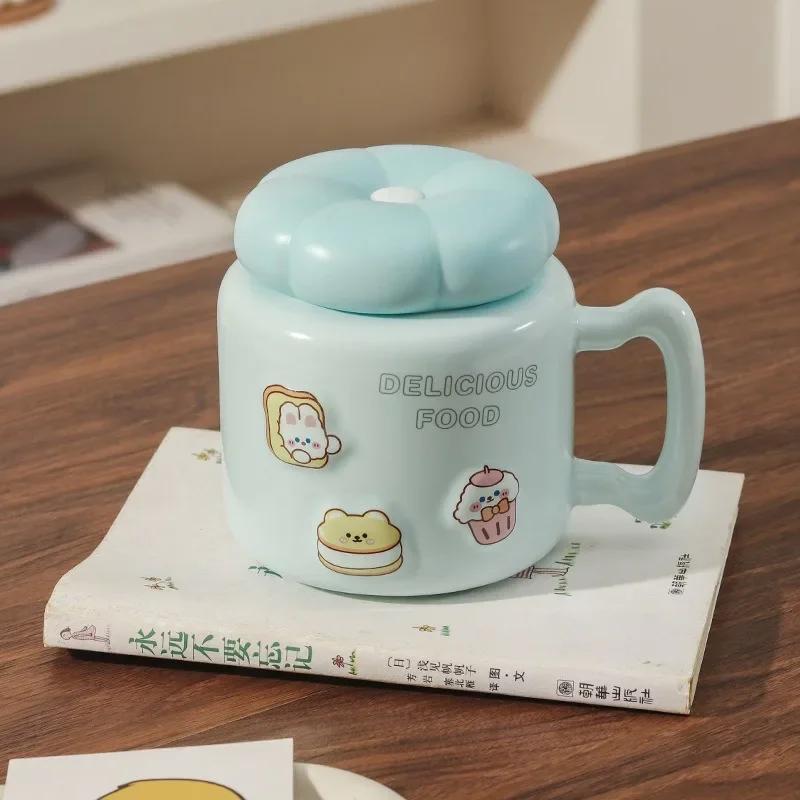 Мультяшная керамическая кружка большой емкости для завтрака, кофейная чашка с крышкой, офисная чашка для пары чашек, для домашнего офиса, общежития, кружки для воды, подарок