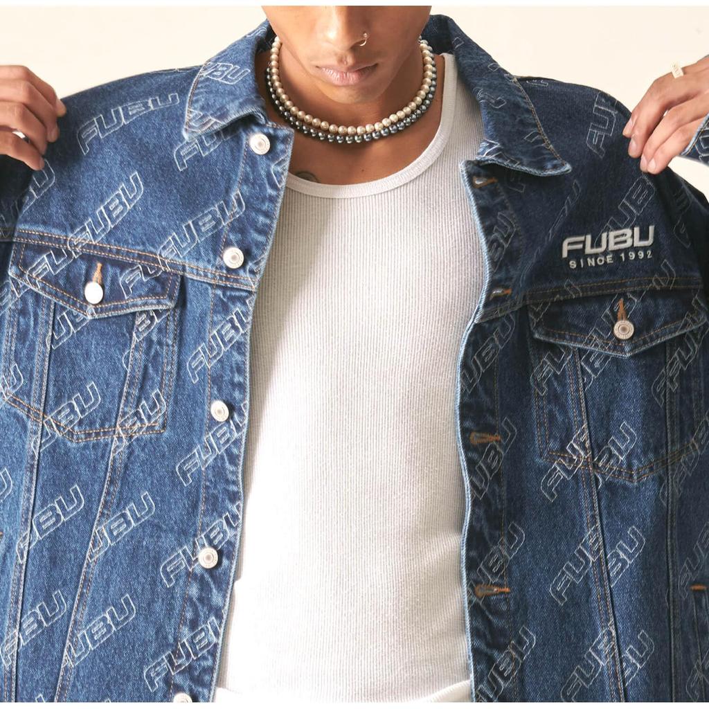 FUBU brand logo embroidered print washed cotton oversized denim all-over jacket/jumper (fam-42308)