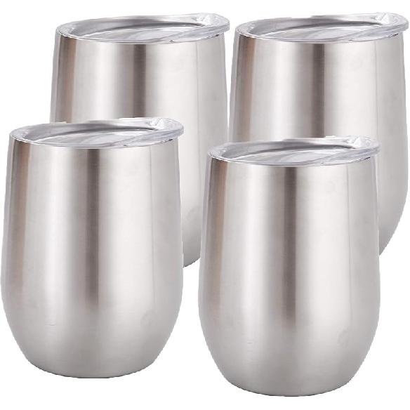 12 oz Stainless Steel Wine Tumbler Stemless Glasses with Lid, Double Wall Insulated Travel Mug Perfect for Wine, Coffee, Drinks, Champagne, Cocktails